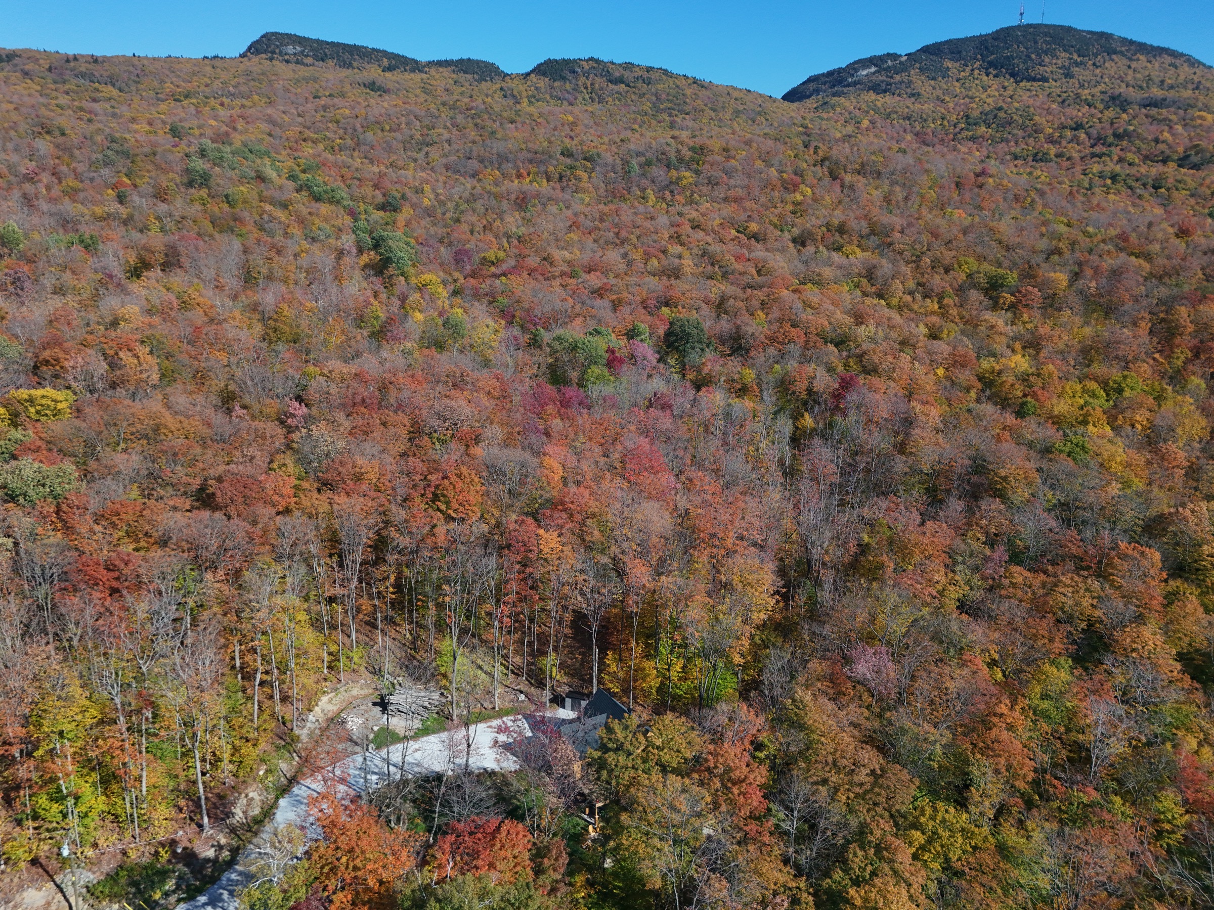 Vue aérienne automnale montrant l’isolement du chalet au cœur de la forêt et les montagnes environnantes