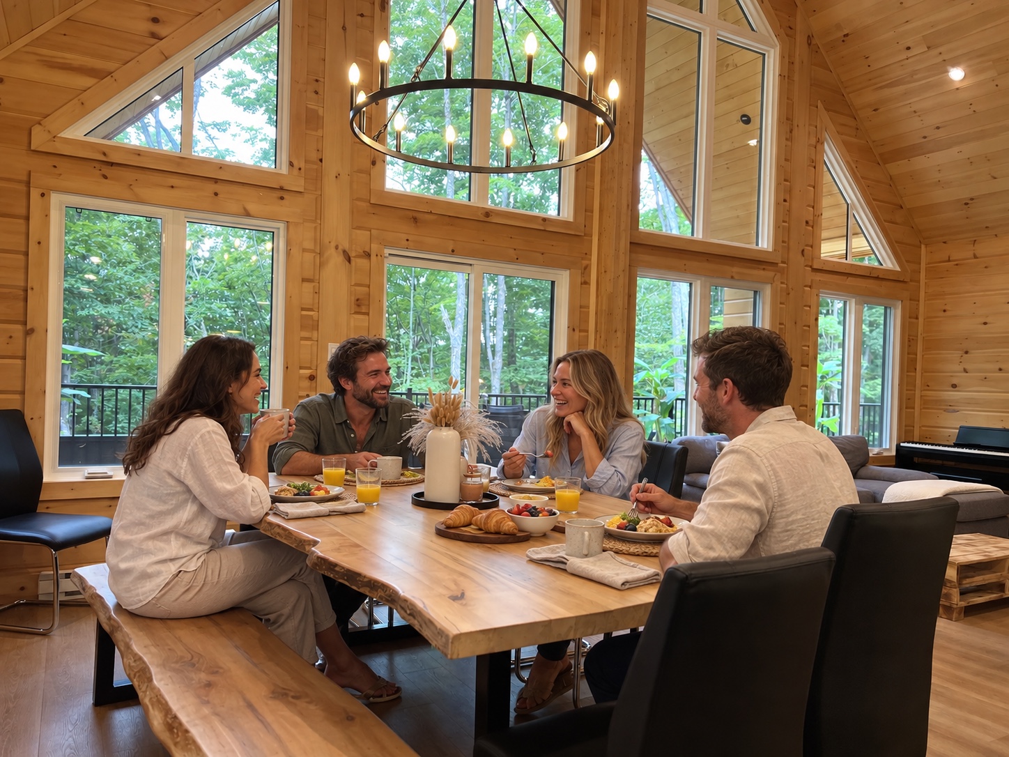 Brunch entre amis à la grande table avec vue sur la forêt — mise en scène par IA