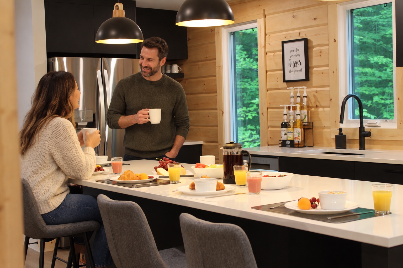 Petit déjeuner à deux autour de l’îlot de cuisine — mise en scène par IA