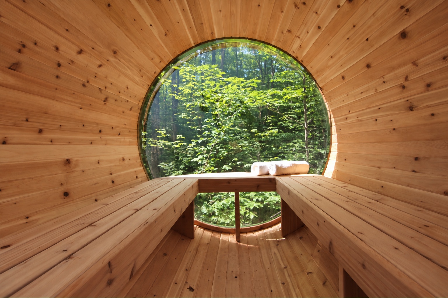 Intérieur du sauna boréal avec deux serviettes roulées et vue sur la forêt