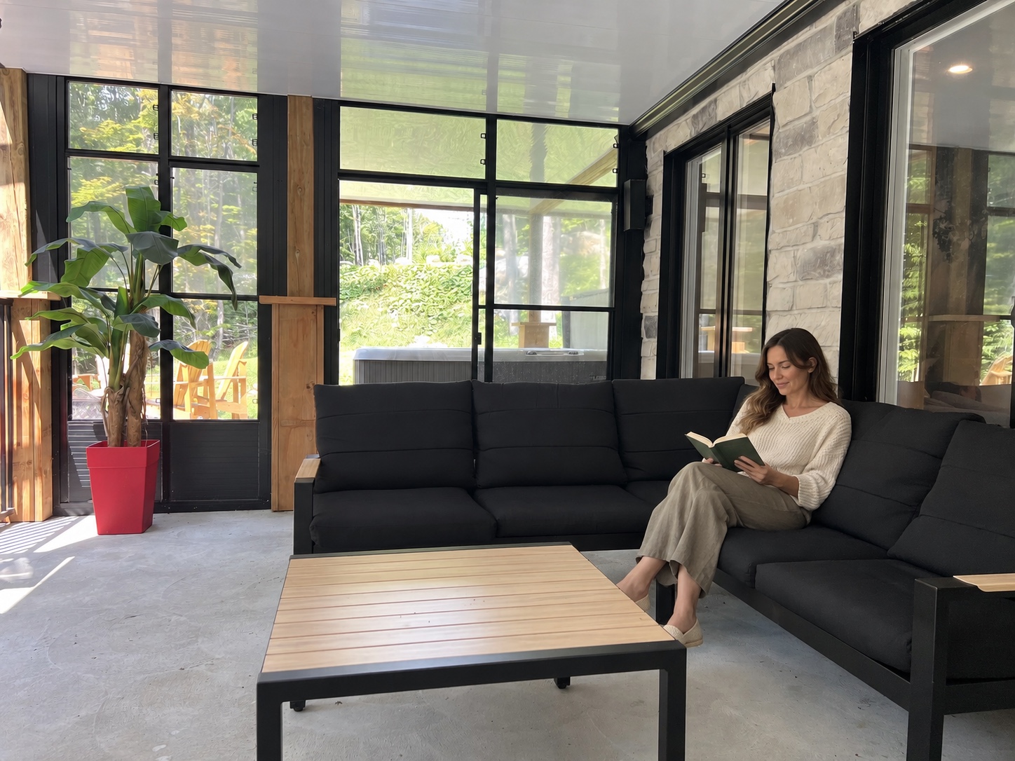 Moment de lecture au salon du solarium — mise en scène par IA