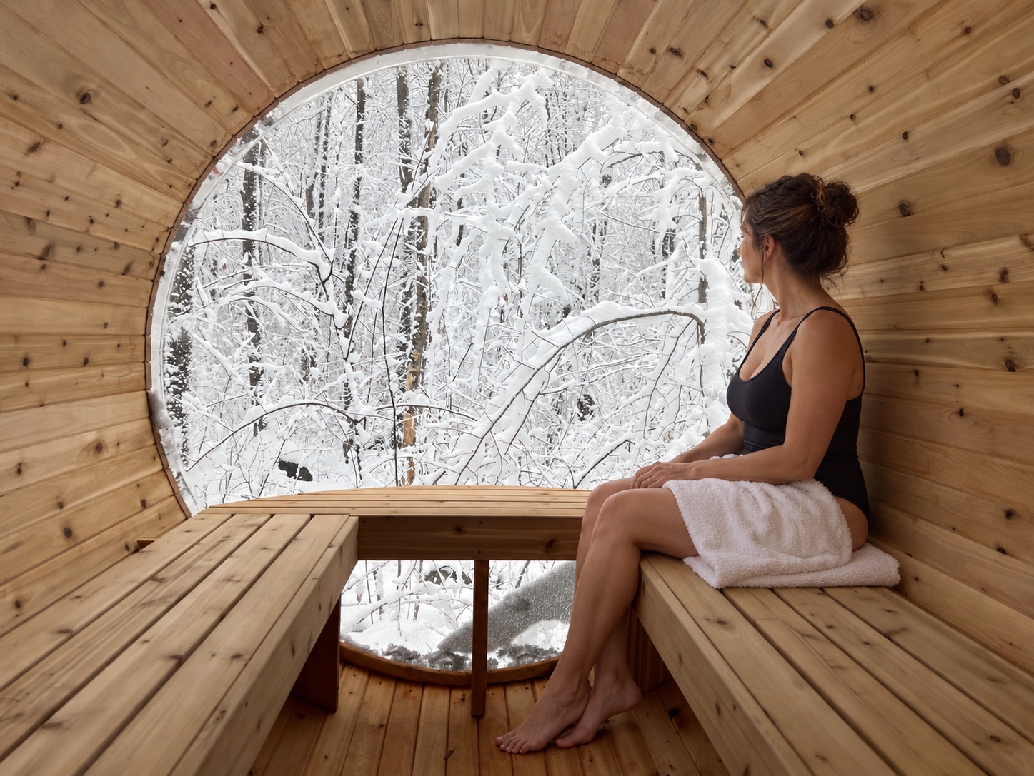 Détente dans le sauna face à la forêt enneigée — mise en scène par IA